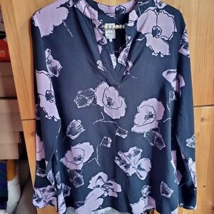 Ichi Black & Lilac Floral Viscose Blouse Size 6 Or 36